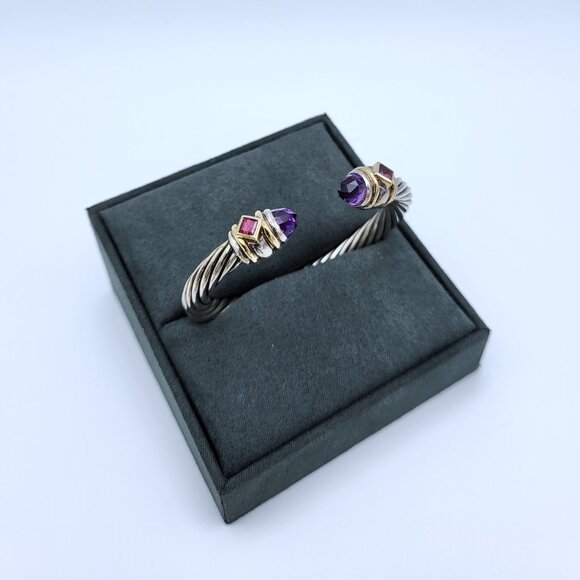 David Yurman 7mm Rennaissance Cable Amethyst & Garnet Bangle Cuff .925 & 14kt - Picture 9 of 10